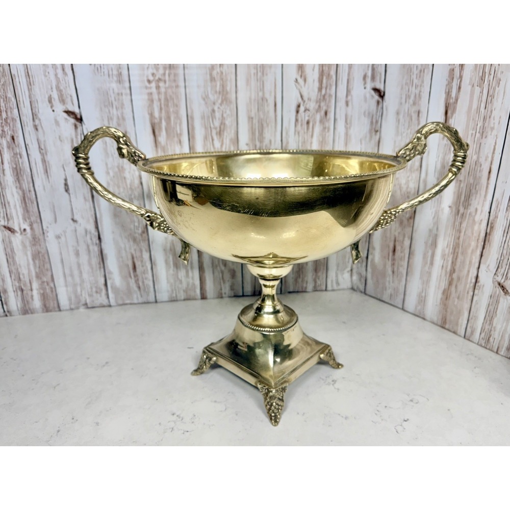 Vintage Large Solid Brass Footed Pedestal Centerpiece Bowl Handles, READ FLAWS